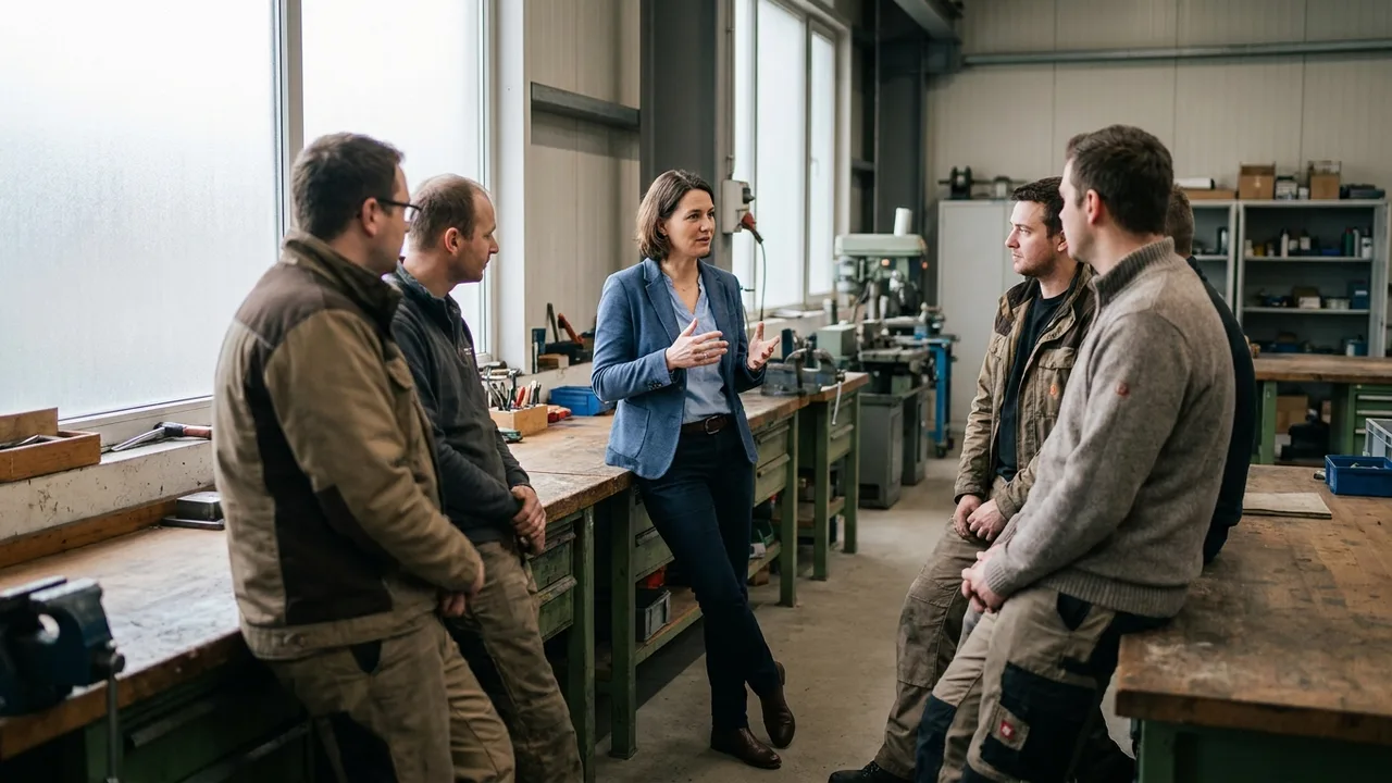 Neuer geschäftsführender Inhaber spricht in der Werkstatt zum Team