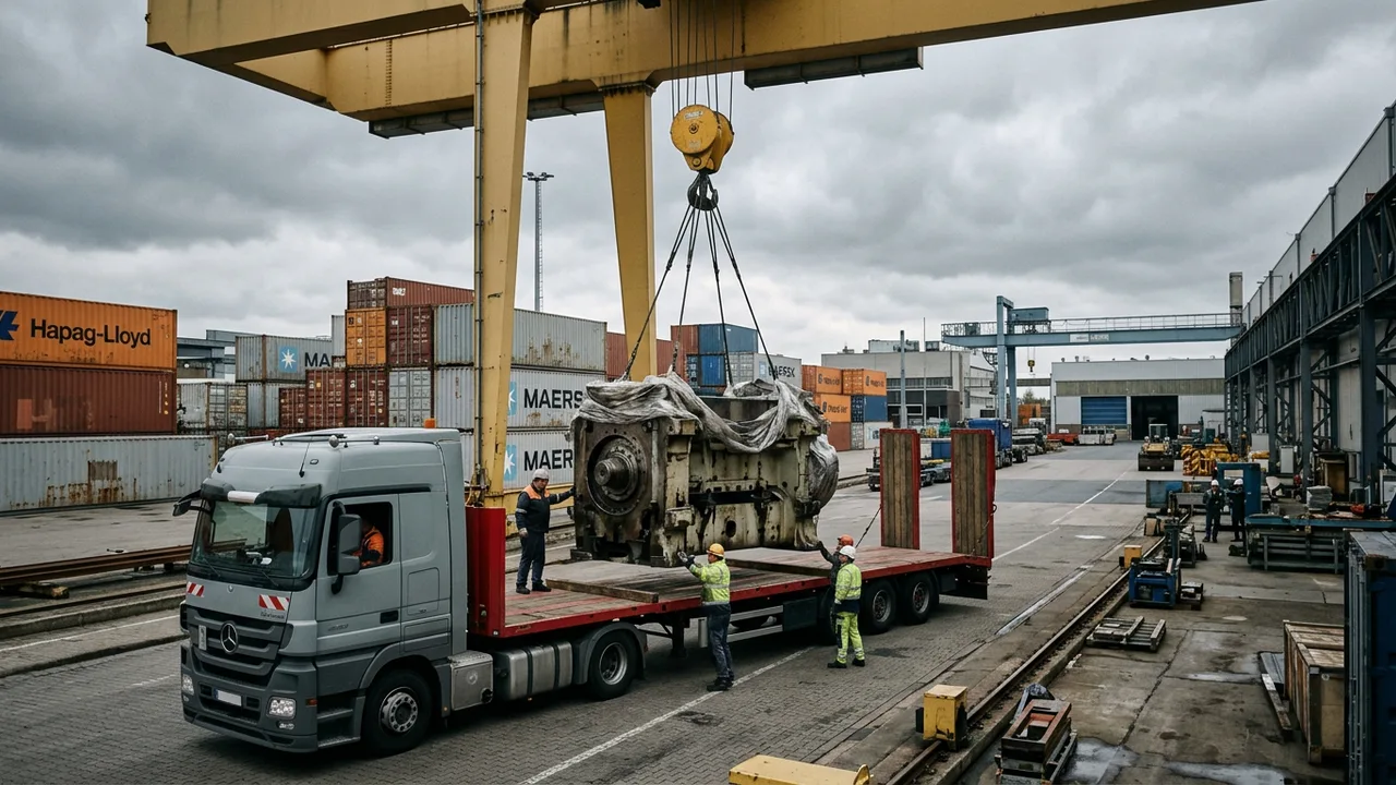 Ein Kran verlädt ein großes Maschinenbauteil auf einen Lkw an einer Werksladerampe.