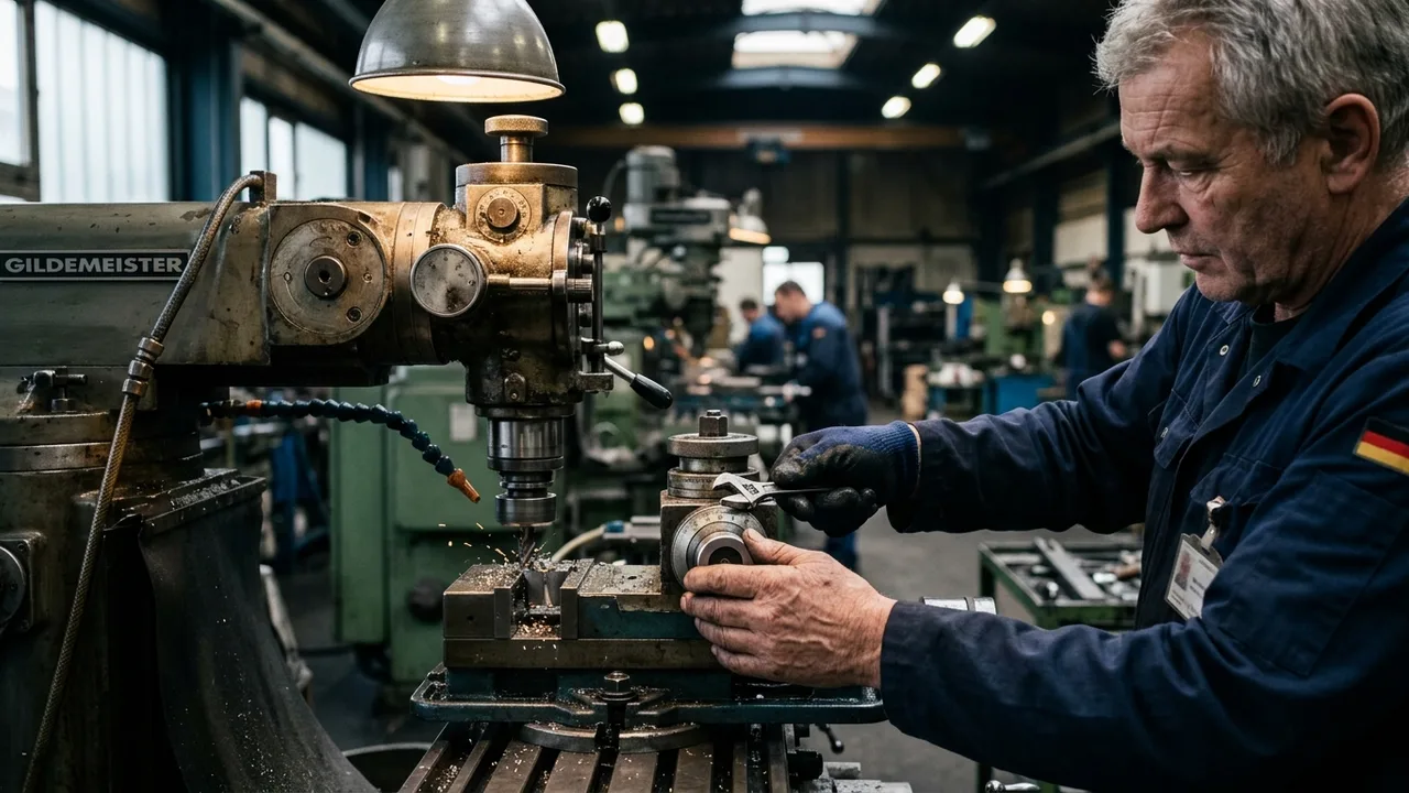 Ein Ingenieur justiert eine Präzisionsfräsmaschine in einer Werkshalle.