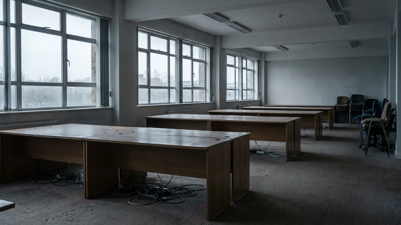 Leergeräumte Schreibtische in einem Großraumbüro mit gestapelten Bürostühlen.