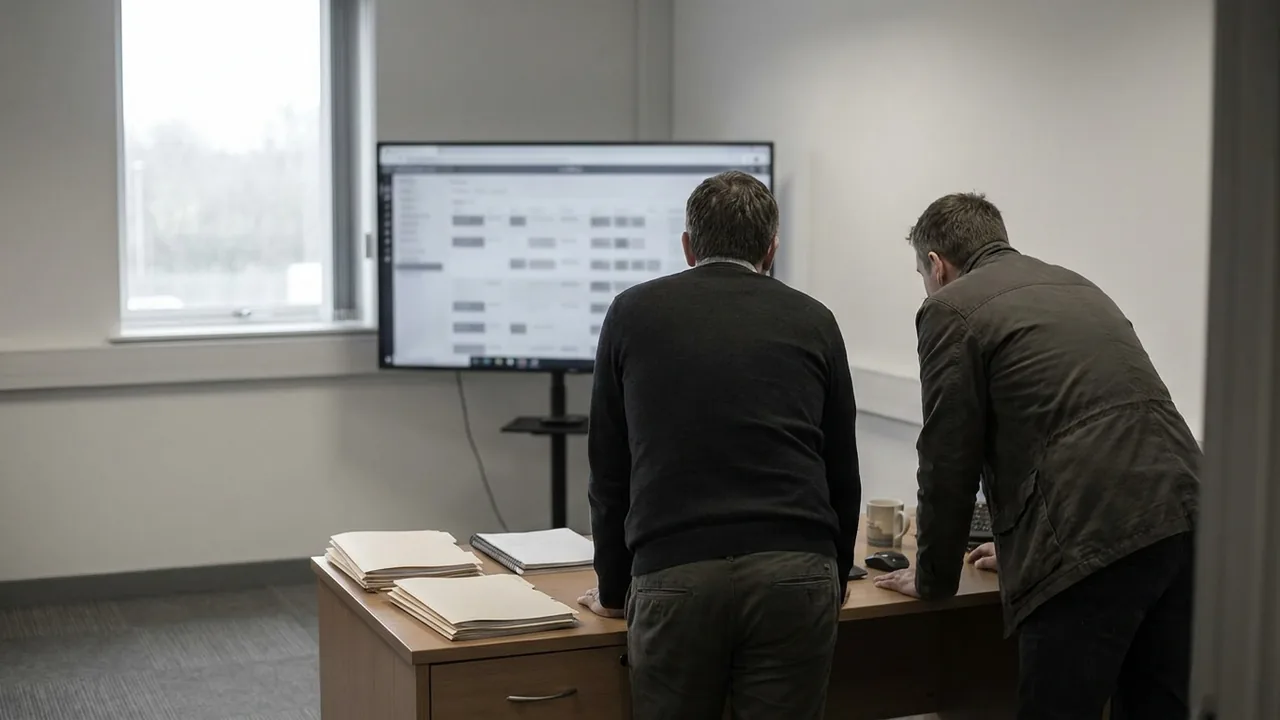 Zwei Personen prüfen in einem nüchternen Büro eine Aufstellung offener Forderungen am Bildschirm.