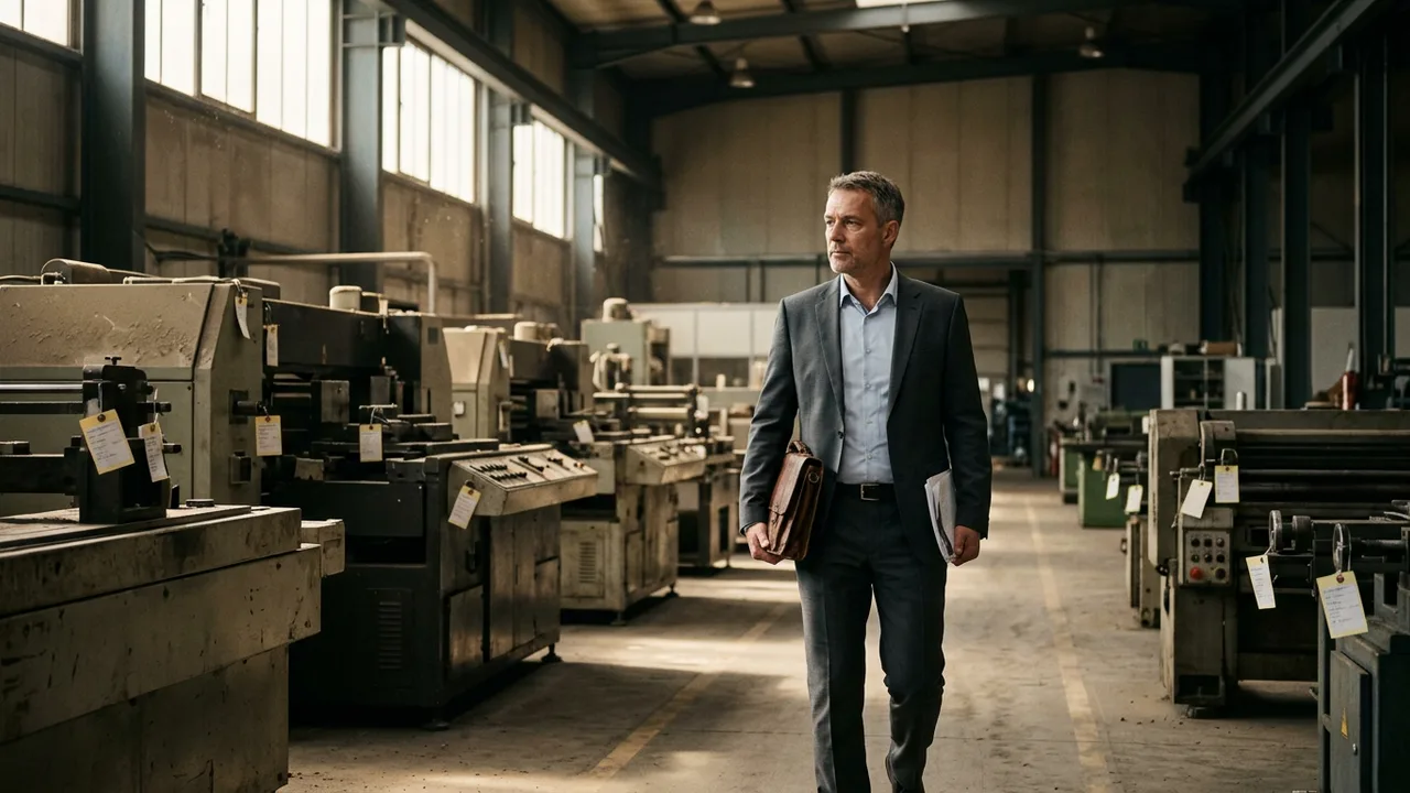 Insolvenzverwalter geht durch eine stillgelegte Fabrikhalle mit inventarisierten Maschinen.