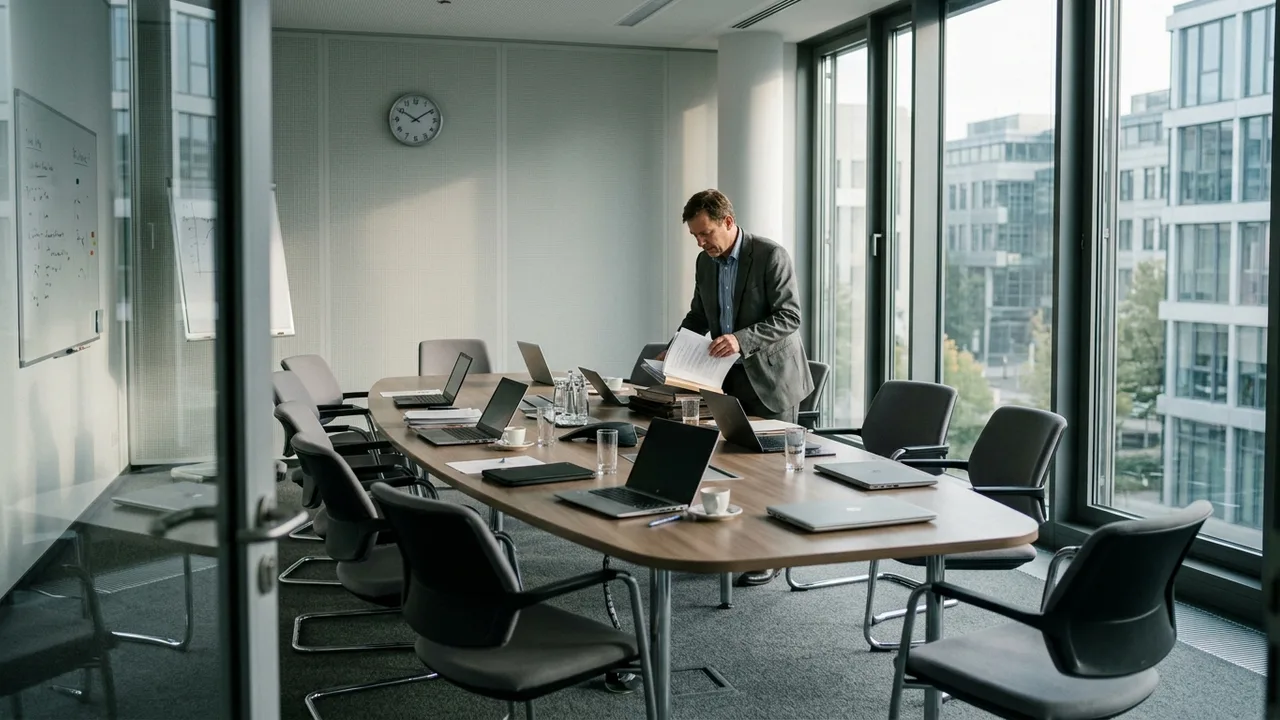 Leerer Besprechungsraum nach einer überzogenen Sitzung, eine Person räumt allein Unterlagen zusammen.