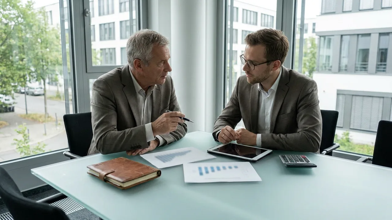 Geschäftsführer und Finanzberater besprechen Finanzierungsstrukturen an einem Glastisch.