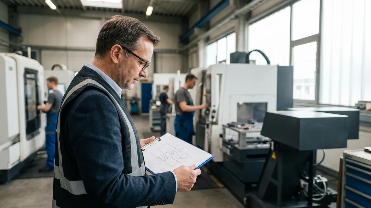 Produktionshalle eines Mittelständlers mit modernen Maschinen, im Vordergrund prüft ein Manager Unterlagen.