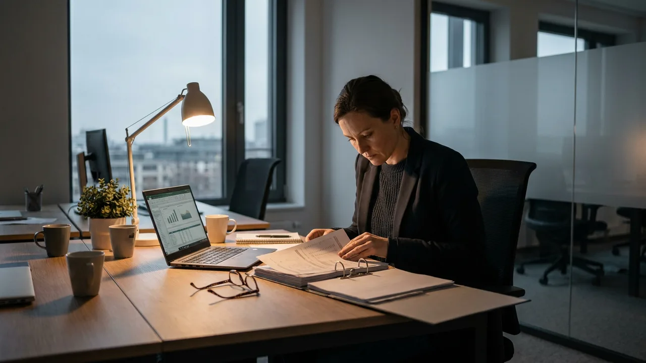 Unternehmerin prüft abends am Schreibtisch Finanzplanungen auf Papier und Laptop.