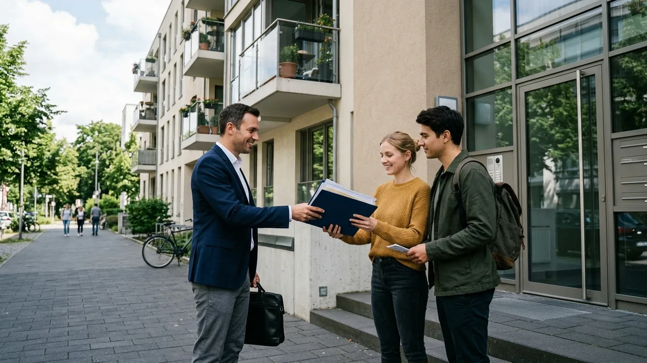Ein Immobilienmakler übergibt einem Paar vor einem Mehrfamilienhaus Vertragsunterlagen.