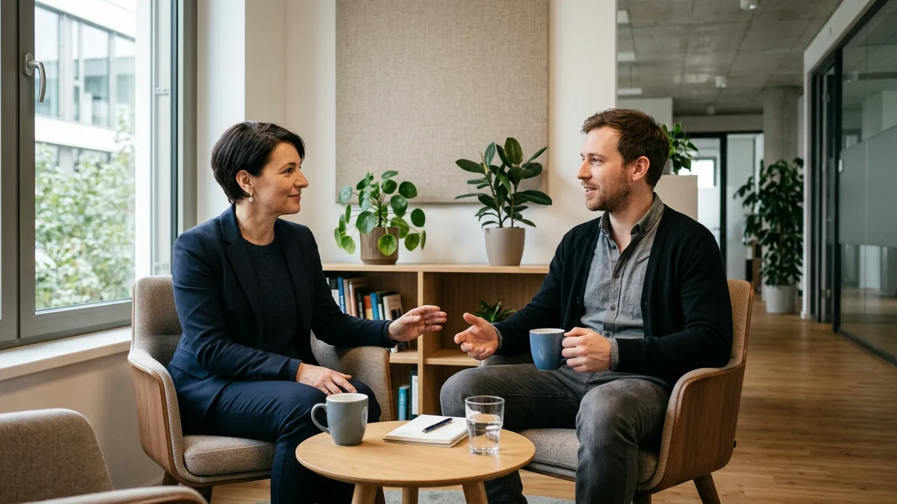 Zwei Personen sitzen sich in einer ruhigen Bürokoje zu einem Gespräch gegenüber, dazwischen stehen Kaffeetassen.