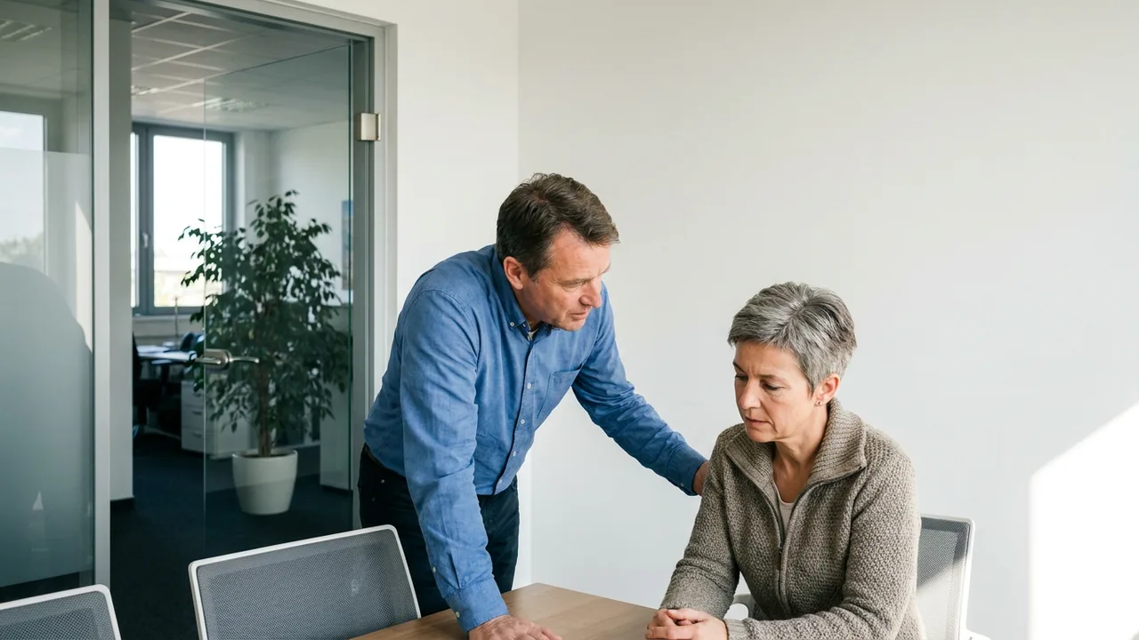 Beschäftigte spricht mit einem Betriebsratsmitglied in einem Besprechungsraum