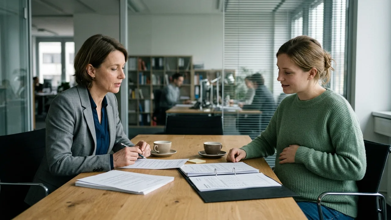 Personalverantwortliche bespricht mit einer schwangeren Mitarbeiterin Unterlagen im Besprechungsraum.