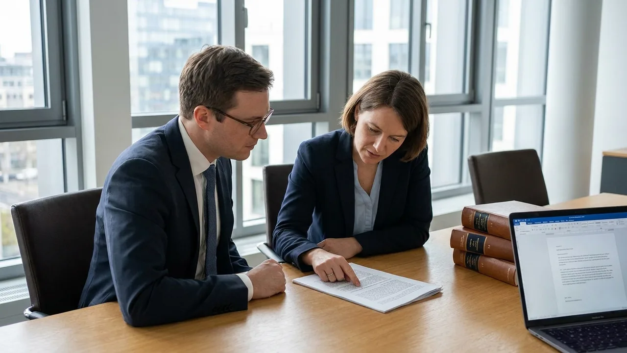 Zwei Juristen prüfen gemeinsam eine Vertragsklausel am Konferenztisch