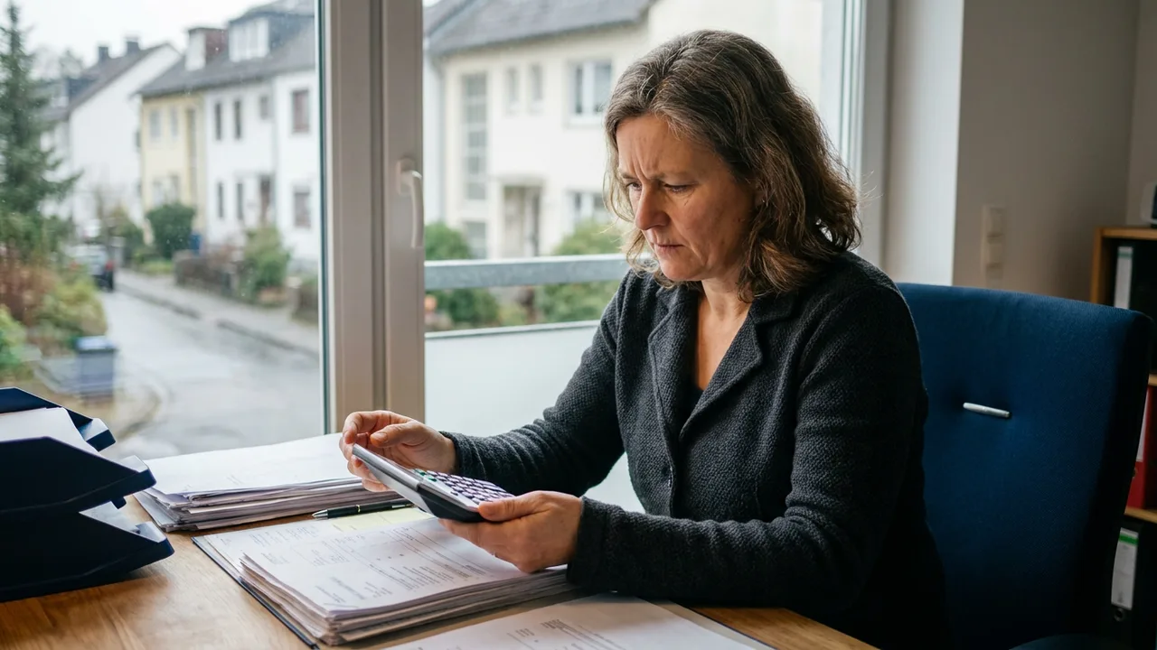 Frau berechnet mit Taschenrechner und Gehaltsabrechnungen eine Entschädigung