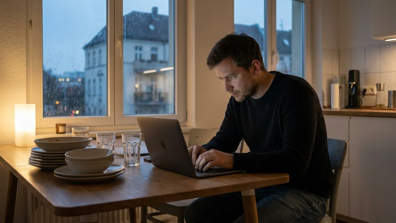 Mann arbeitet abends am Küchentisch an einem Laptop im Nebenjob