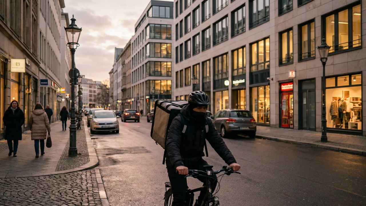 Fahrradkurier mit Lieferrucksack fährt abends durch eine deutsche Innenstadt