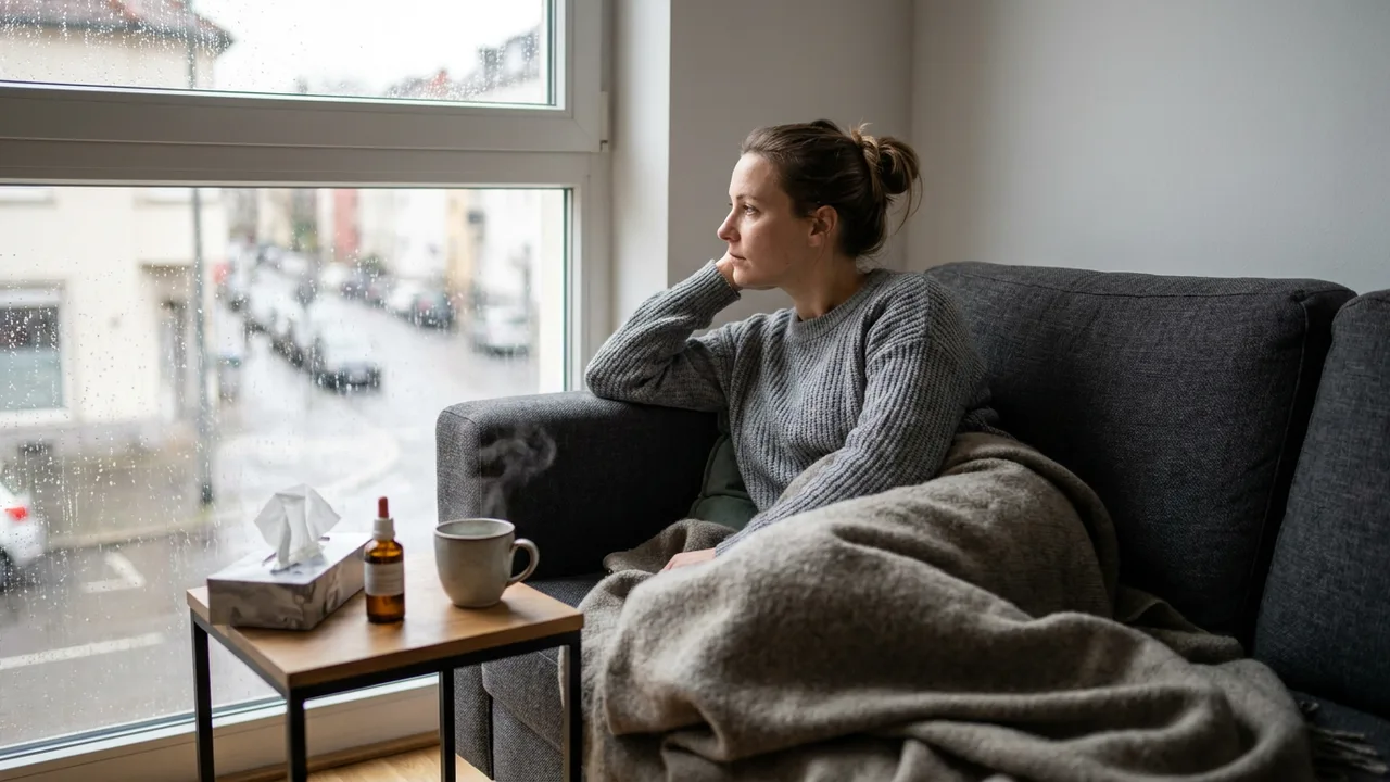 Erkrankte Frau ruht sich mit Tee und Decke auf dem Sofa aus
