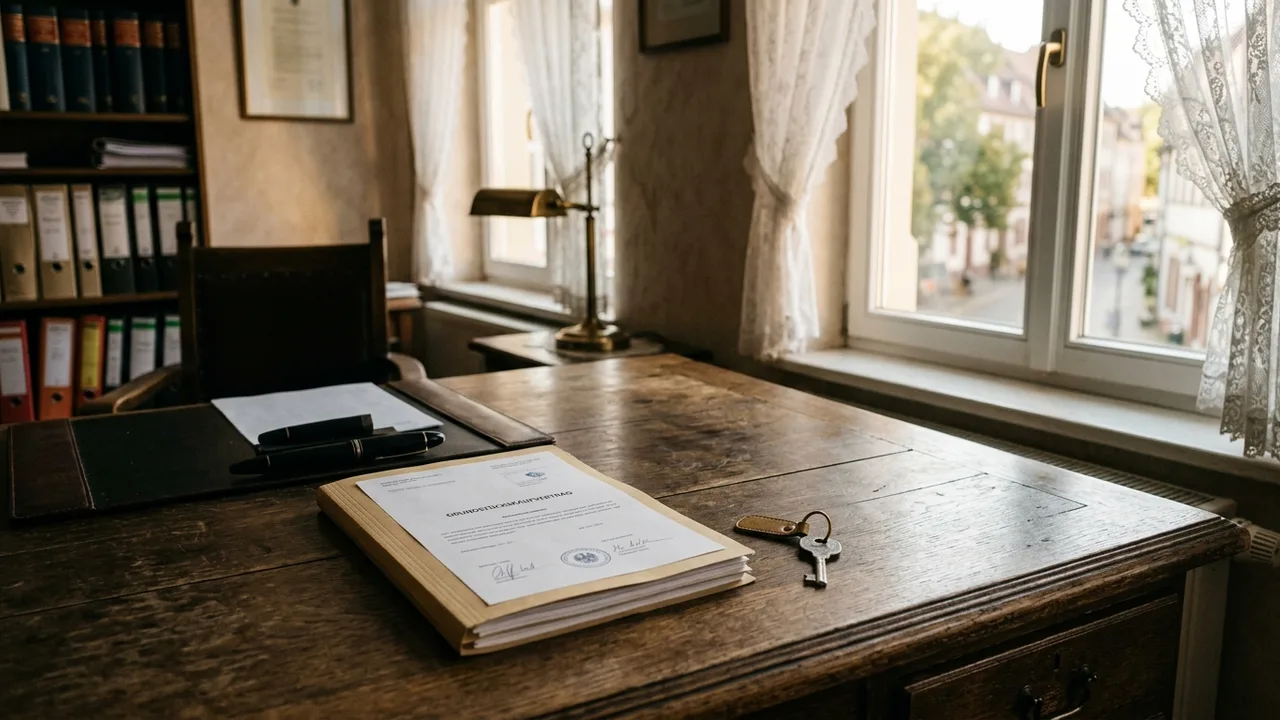 Ein Hausschlüssel und Immobilienunterlagen liegen auf dem Schreibtisch eines Notarbüros.
