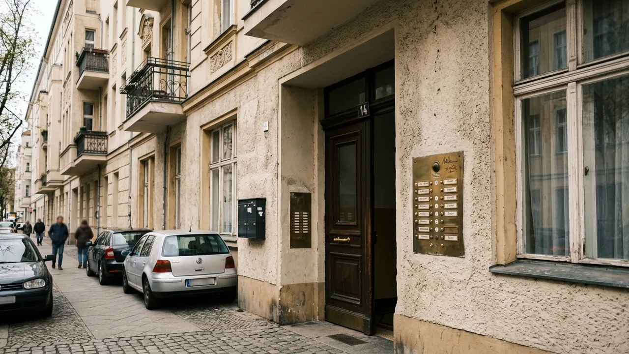 Eingangsbereich eines Mehrfamilienhauses mit Klingelanlage im Sonnenlicht.