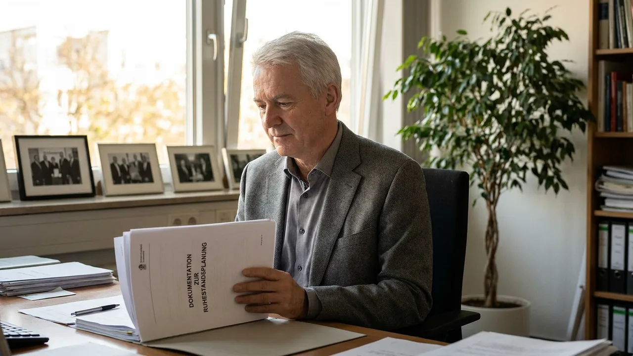 Älterer Geschäftsführer prüft Unterlagen zur Altersversorgung an seinem Schreibtisch
