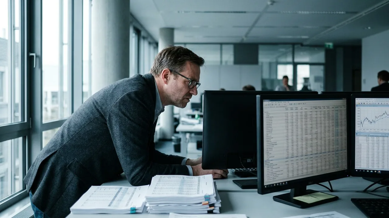 Versicherungsmathematiker analysiert Bewertungstabellen an zwei Bildschirmen