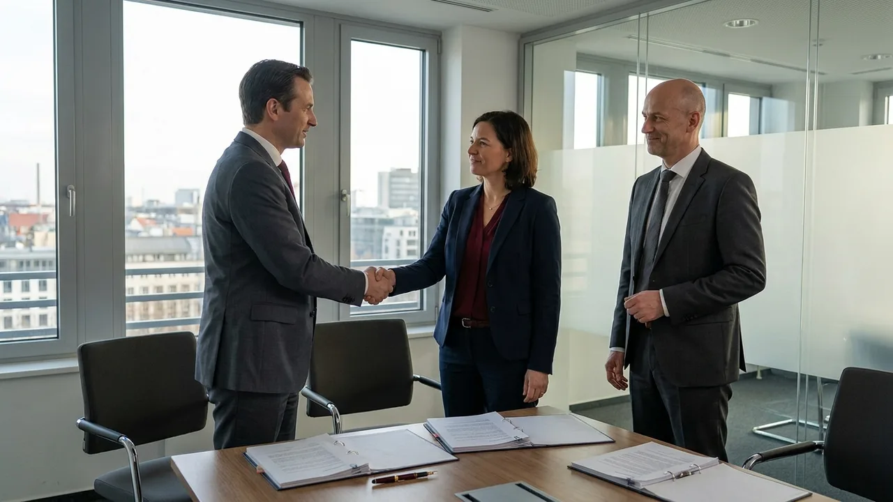 Handschlag bei Vertragsunterzeichnung im Rahmen eines Unternehmensverkaufs