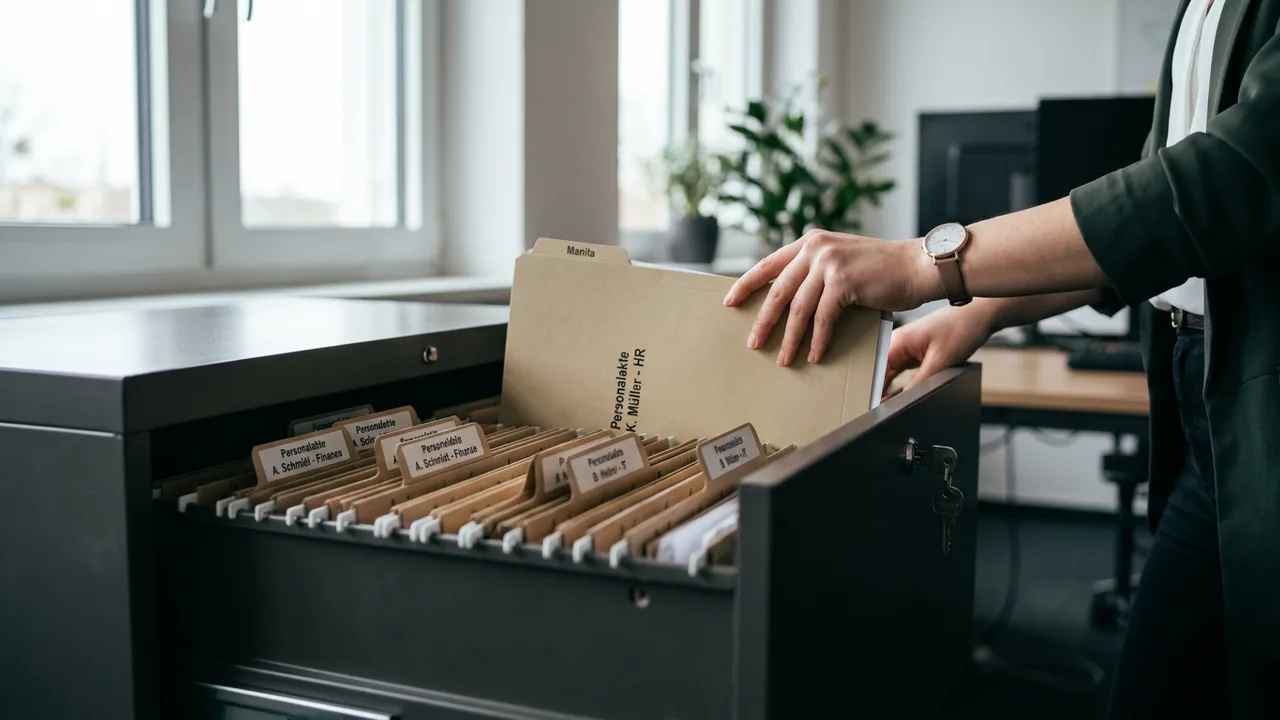 Beschriftete Personalakten in einem abschließbaren Aktenschrank der Personalabteilung