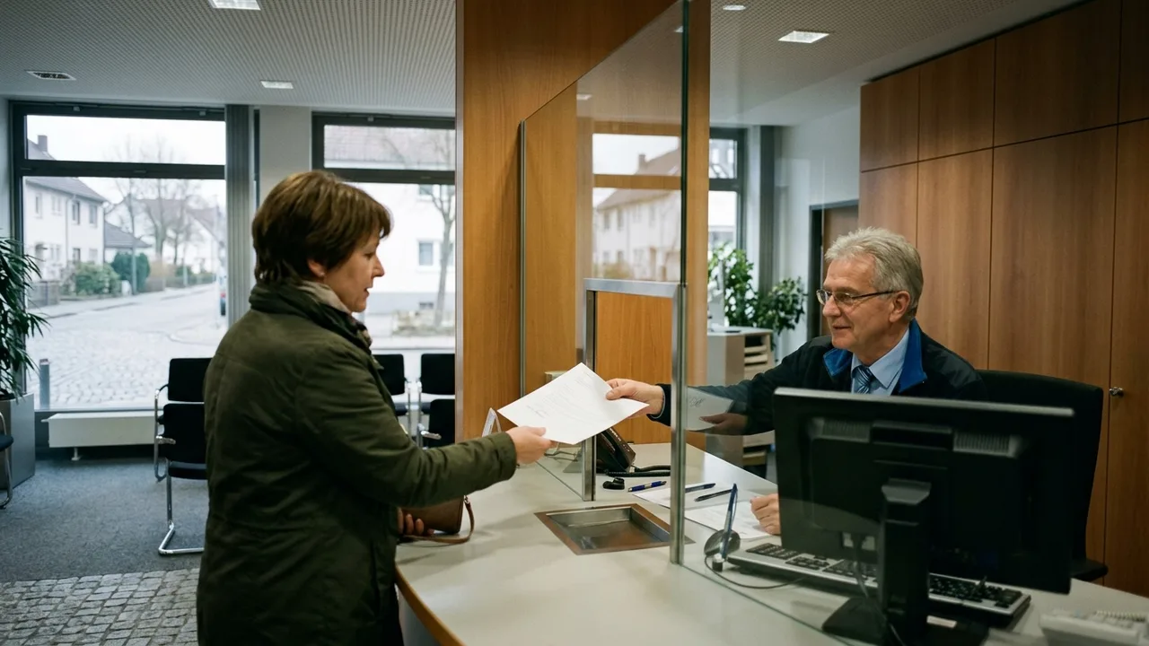 Ein Bankberater reicht einem Kunden am Schalter ein Formular über den Tresen.
