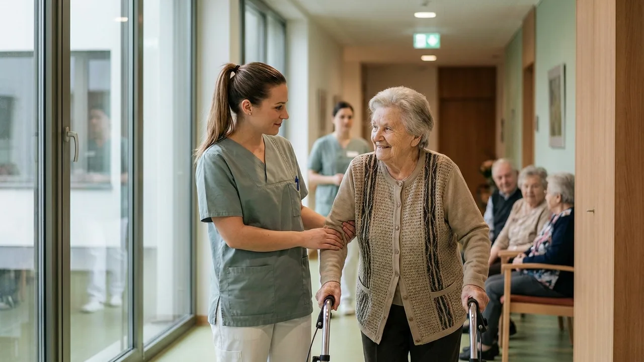Pflegekraft begleitet Seniorin mit Rollator im Pflegeheim