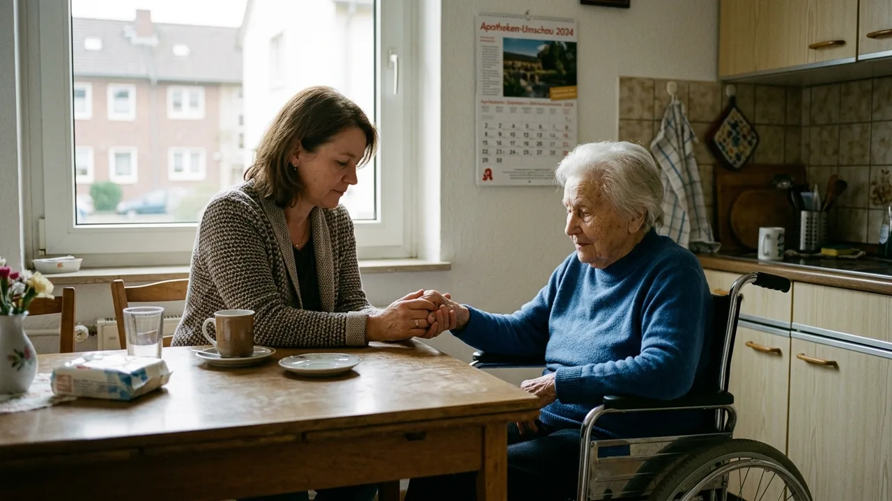 Eine Frau hält die Hand eines älteren pflegebedürftigen Angehörigen am Küchentisch in einer Wohnung.