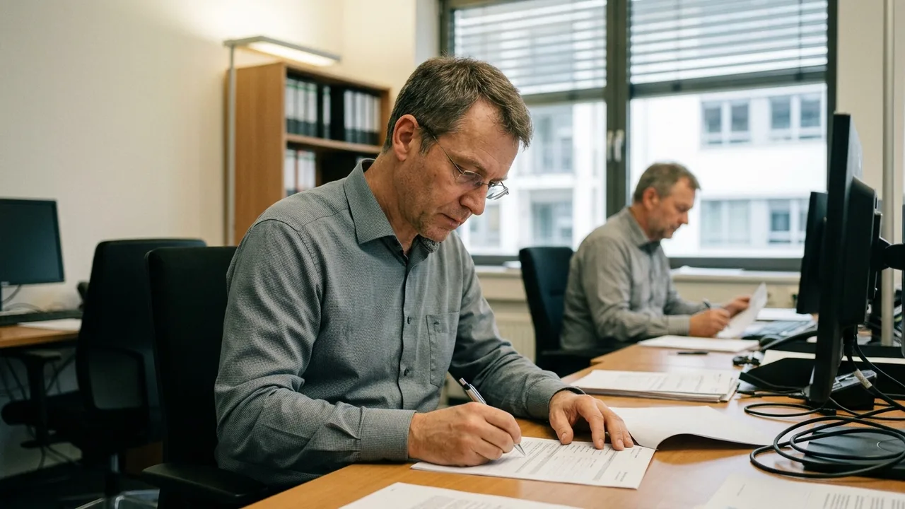Ein Angestellter füllt an seinem Büroschreibtisch ein Antragsformular aus.