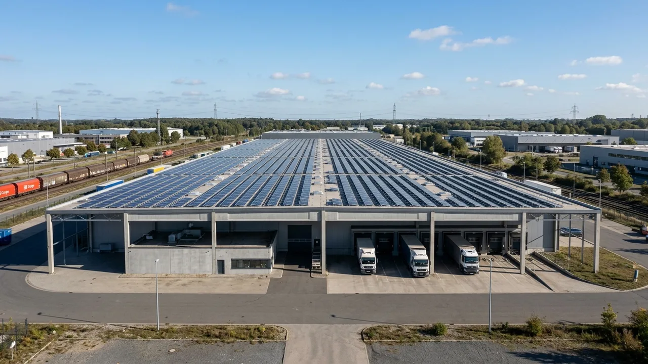 Photovoltaikanlage auf dem Flachdach einer Gewerbehalle in Deutschland unter klarem Himmel
