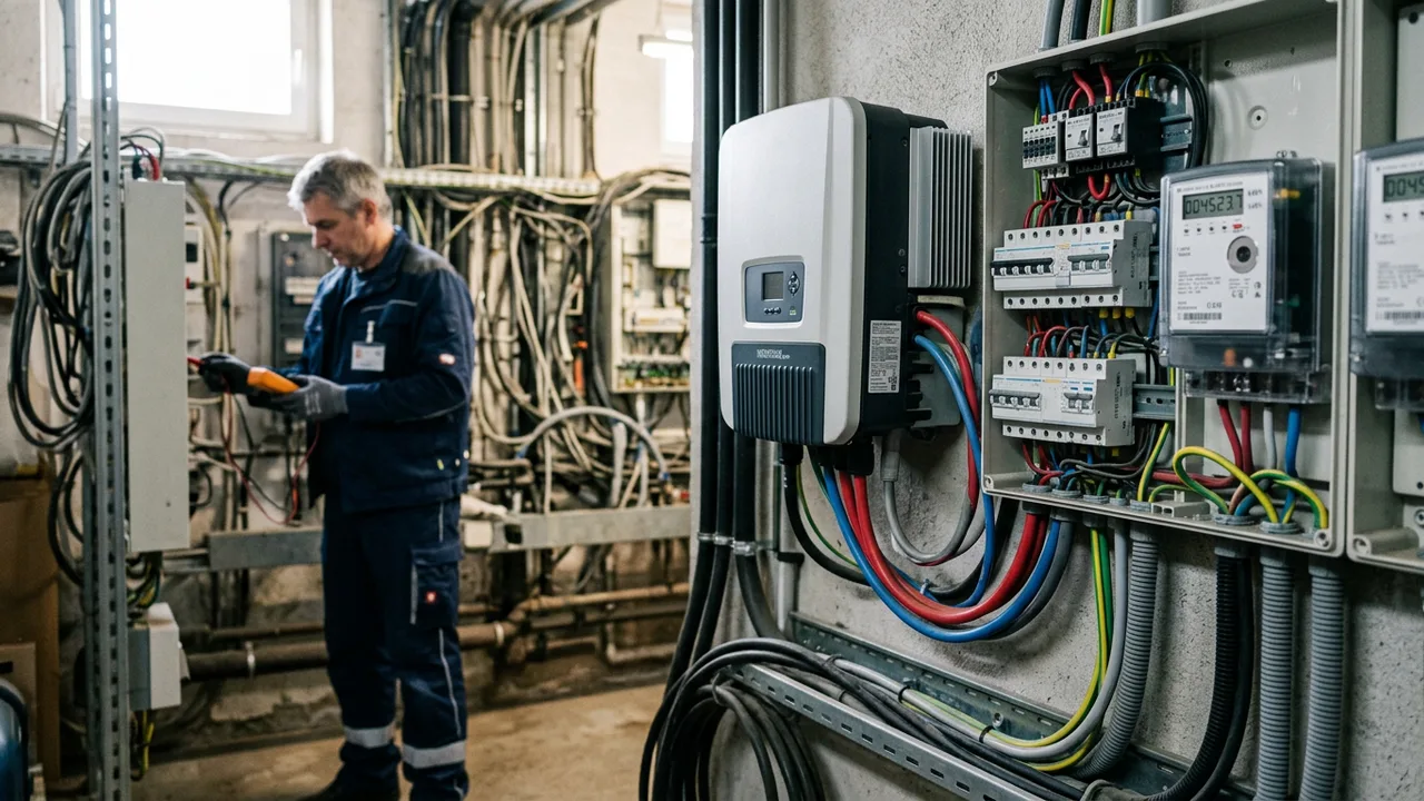 Techniker kontrolliert Wechselrichter und Zählertechnik einer betrieblichen Photovoltaikanlage