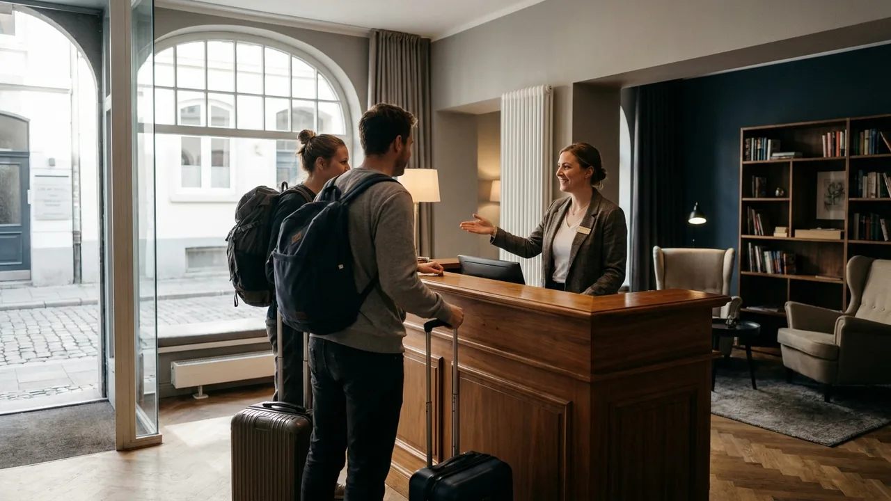 Rezeptionistin begrüßt Gäste an der Hotelrezeption