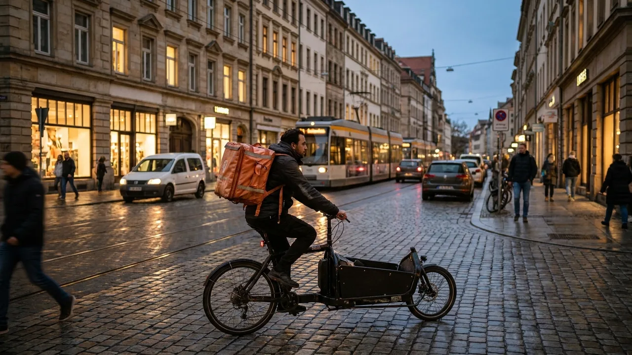 Fahrradkurier mit Lieferrucksack in einer abendlichen Innenstadt