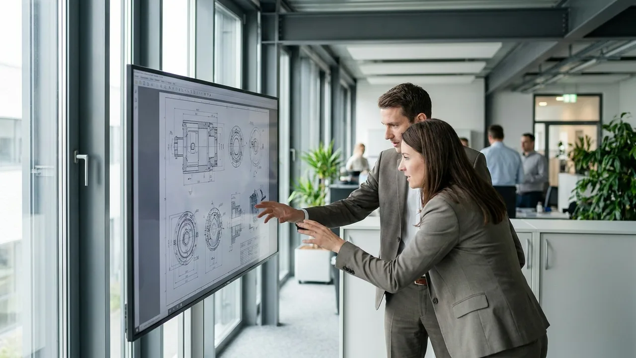 Ingenieure prüfen einen digitalen Teilekatalog am Bildschirm