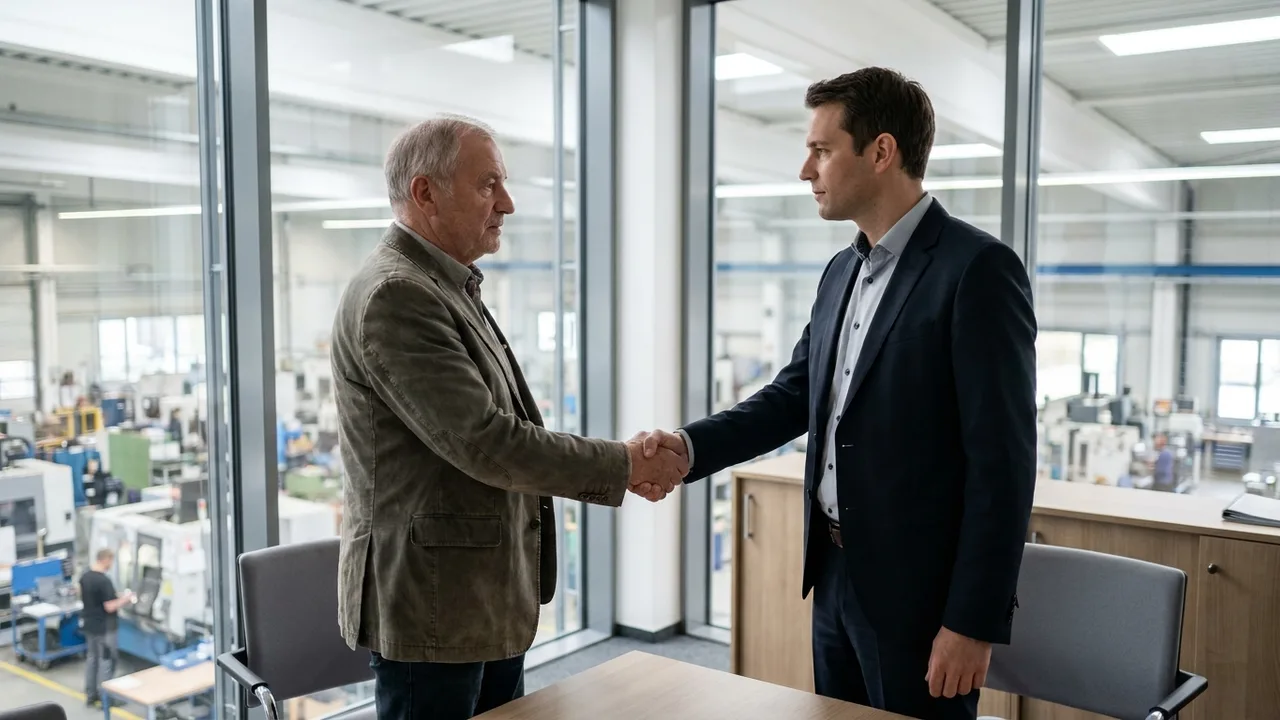 Seniorunternehmer und Investor geben sich die Hand im Büro über der Produktionshalle