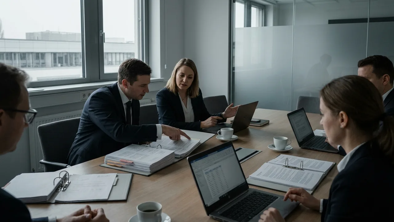 Berater prüfen Unterlagen bei einer Due Diligence im Konferenzraum