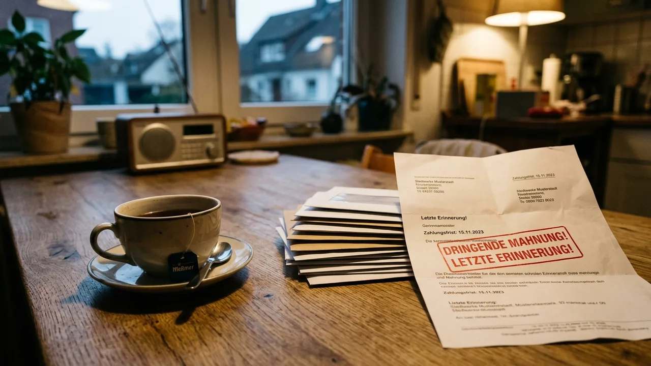 Ungeöffnete Briefe und ein Mahnschreiben liegen auf einem Küchentisch.