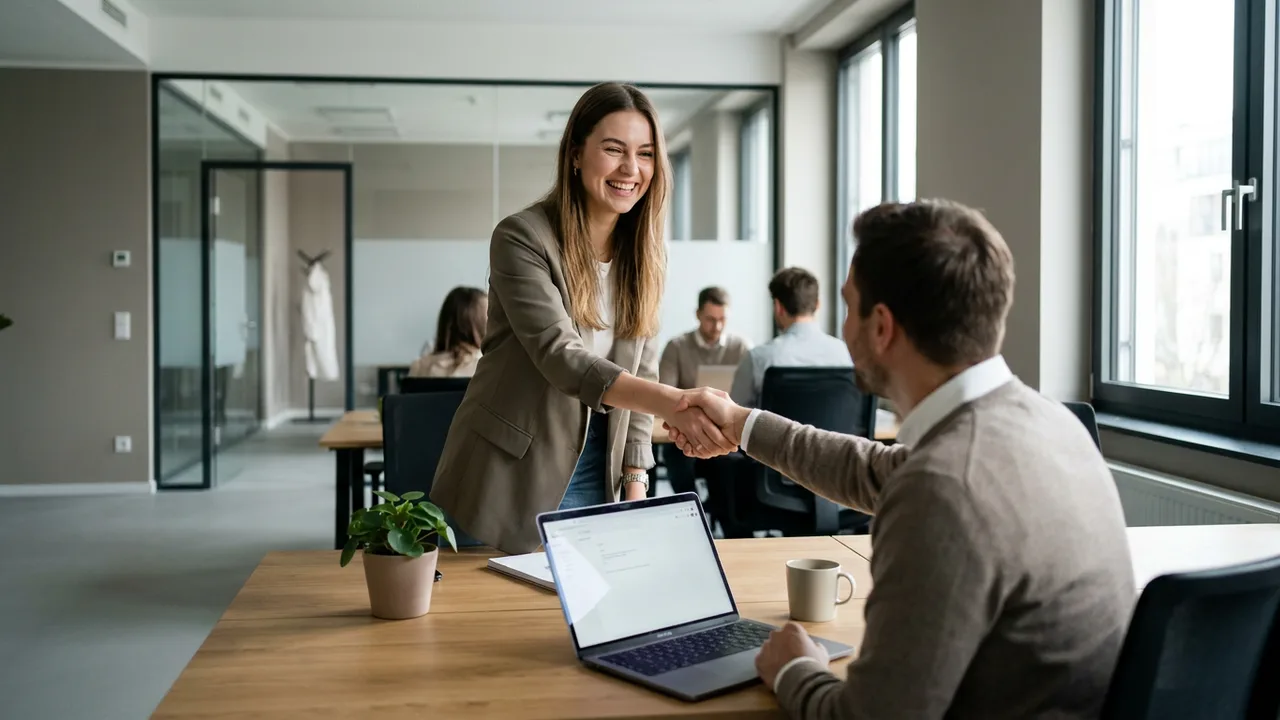 Neue Mitarbeiterin wird am ersten Arbeitstag im Büro begrüßt