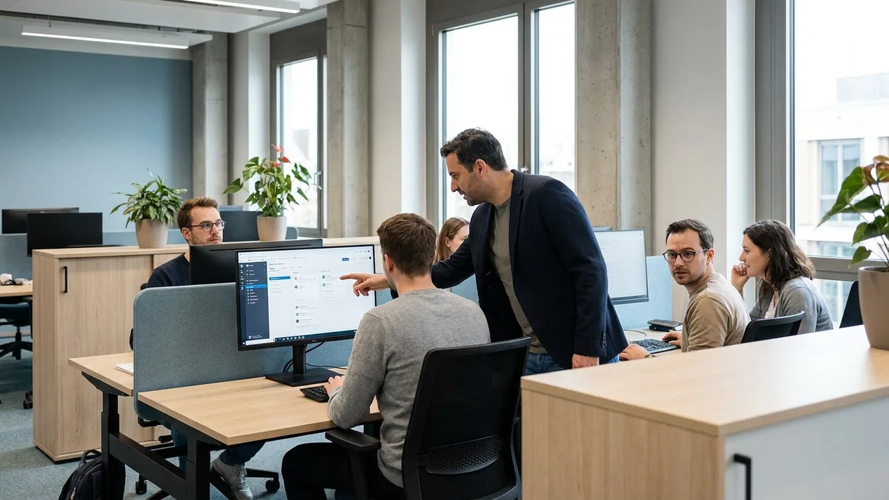 Mentor erklärt neuem Mitarbeiter Arbeitsabläufe am Bildschirm