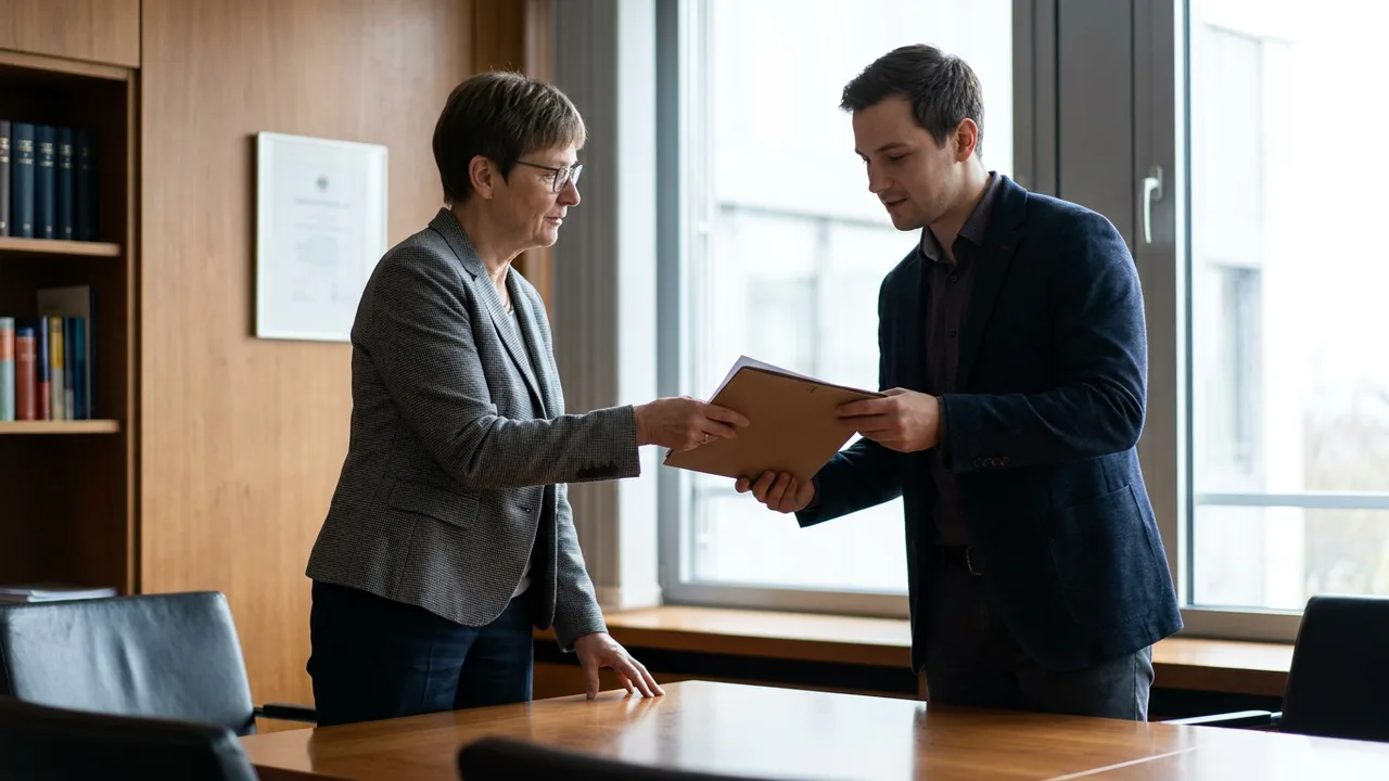 Unternehmerin übergibt einem Mitarbeiter eine unterzeichnete Vollmachtsurkunde