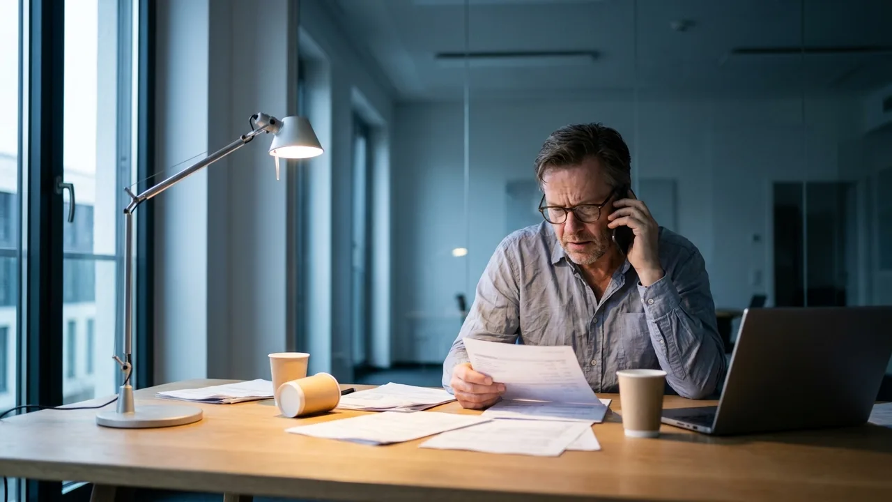 Unternehmer telefoniert besorgt und prüft Kontoauszüge am Schreibtisch