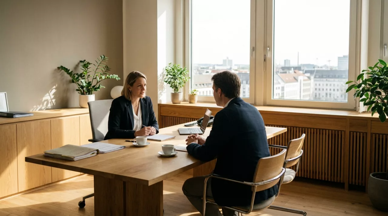 Ein Berater und eine Mandantin besprechen an einem Schreibtisch in einer Kanzlei die Phasen eines Insolvenzverfahrens.
