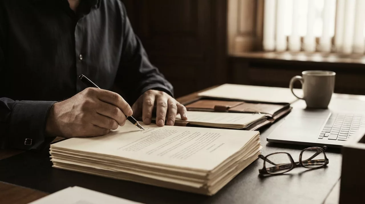 Hände prüfen und unterzeichnen Unterlagen an einem Schreibtisch als Sinnbild für die treuhänderische Abwicklung über ein Treuhandkonto.