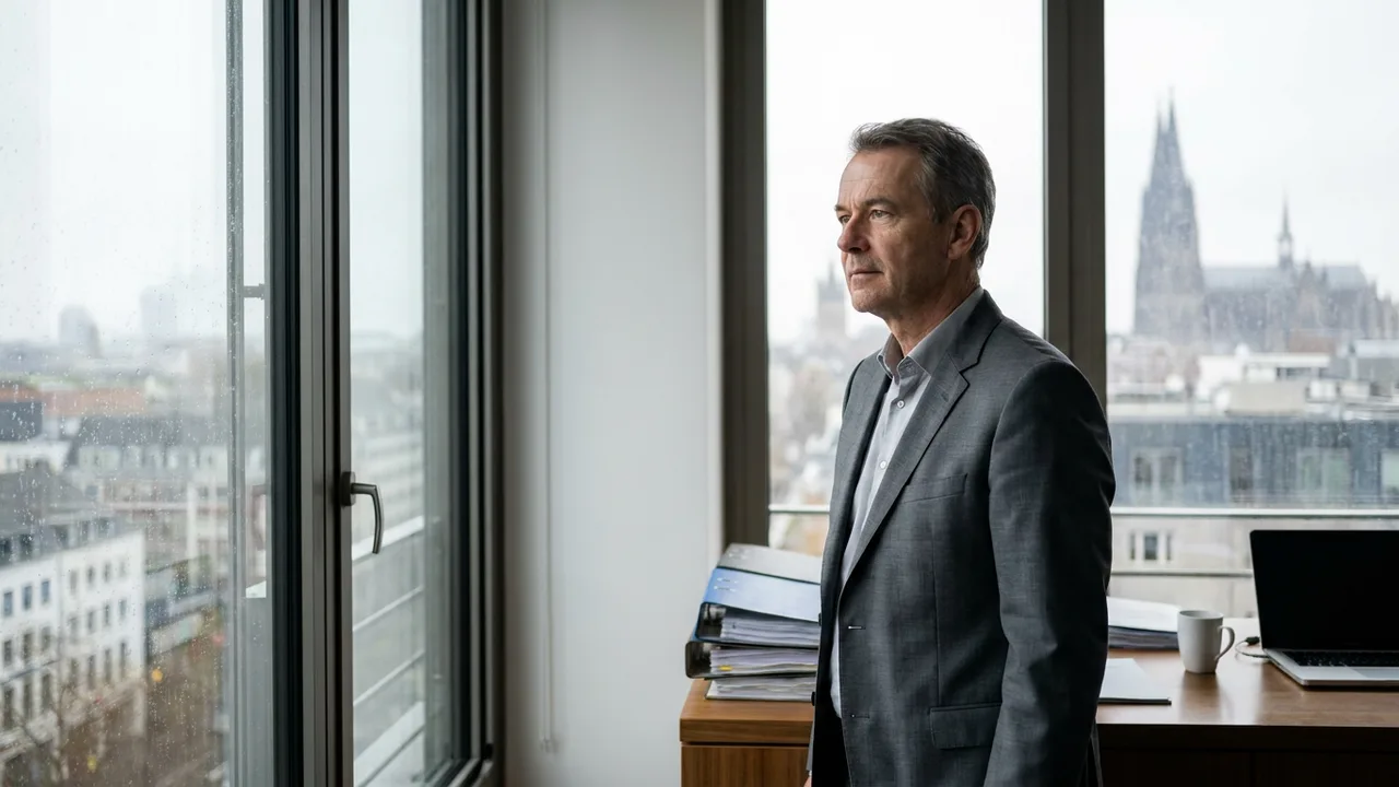 Insolvenzverwalter am Fenster eines Kölner Büros mit Blick über die Stadt