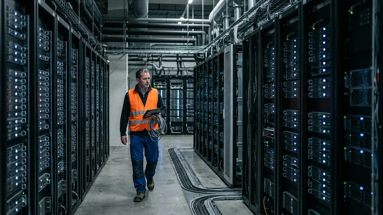 Ein Techniker geht durch eine Serverhalle mit Racks und Kühlleitungen.