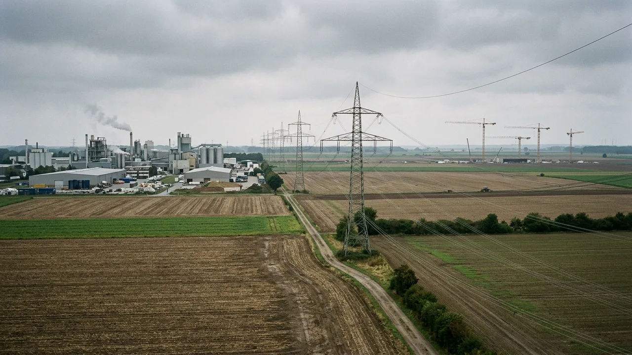 Hochspannungsmasten führen über Ackerland in der Nähe eines Industriegebiets.