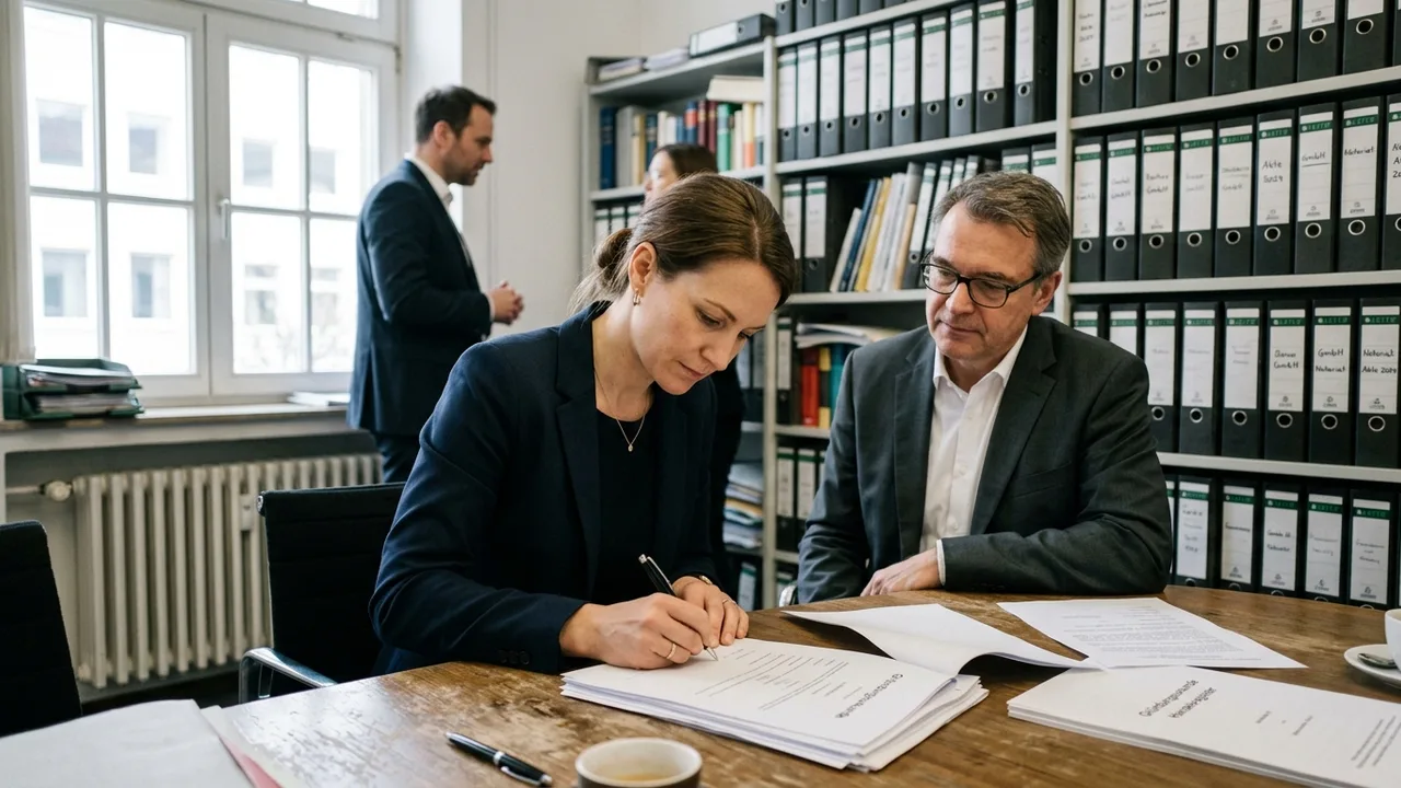 Notar überreicht einer jungen Gründerin Unterlagen zur Unternehmensgründung in einem Büro
