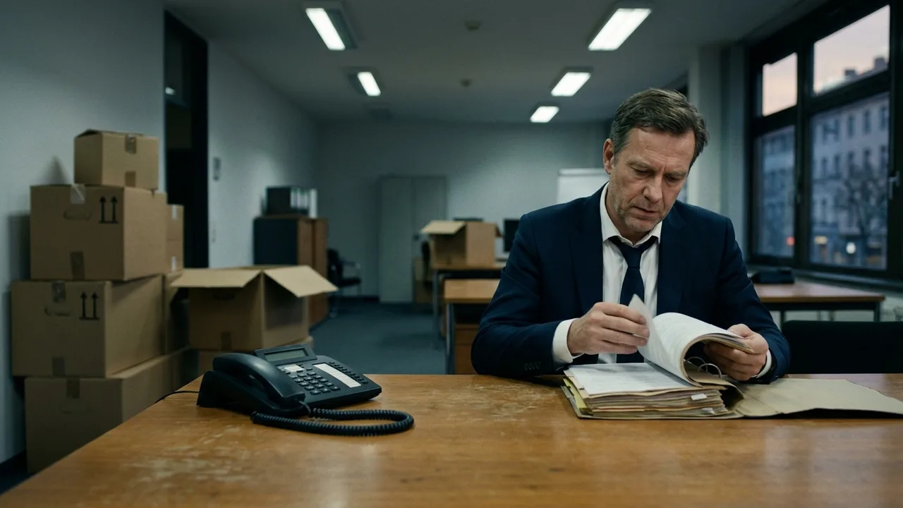 Ein Anwalt sitzt mit Aktenordnern an einem Tisch in einem halb geräumten Büro.