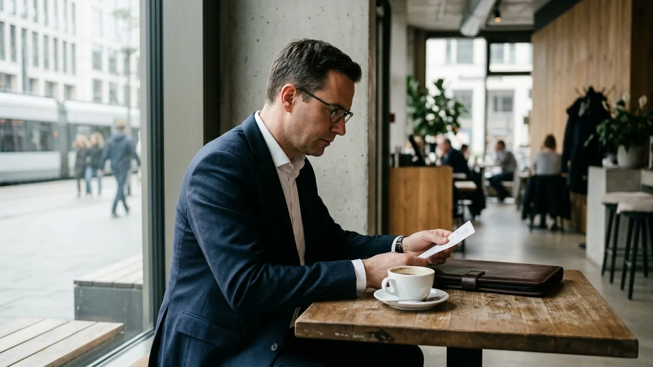 Ein Geschäftsmann prüft an einem Restauranttisch eine Quittung neben einer Kaffeetasse und einer Ledermappe.