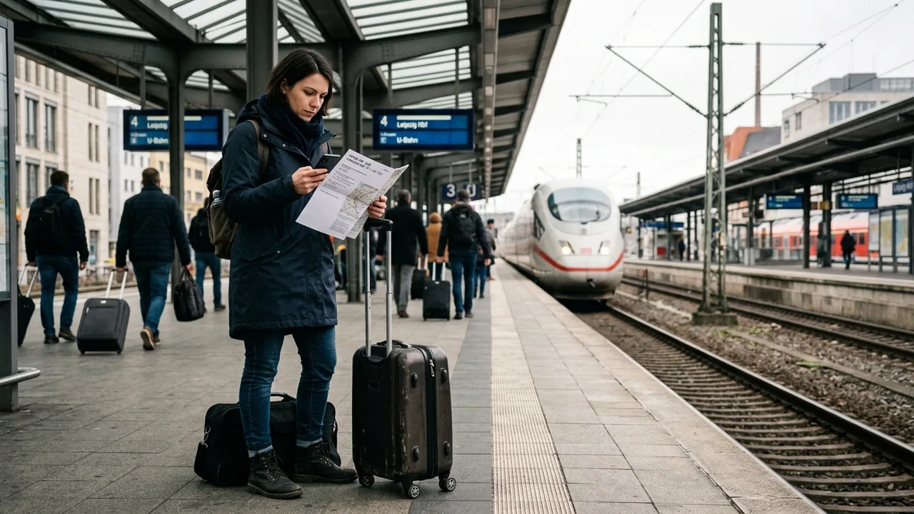 Ein Geschäftsreisender mit Rollkoffer prüft am Bahnsteig Smartphone und ausgedruckten Reiseplan.